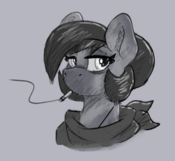 Size: 740x680 | Tagged: safe, artist:reddthebat, derpibooru import, oc, oc only, oc:number nine, earth pony, pony, bust, cigarette, female, gray background, grayscale, lidded eyes, mare, monochrome, simple background, smoking, solo