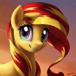 Size: 450x450 | Tagged: safe, ai content, artist:spyrokid6, derpibooru import, machine learning generated, sunset shimmer, pony, g4, feral, grin, optimistic, prompter needed, smiling, solo, sunset