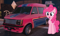 Size: 816x487 | Tagged: safe, artist:didgereethebrony, derpibooru import, part of a set, pinkie pie, earth pony, pony, g4, 1000 years in photoshop, car, grand theft auto, solo
