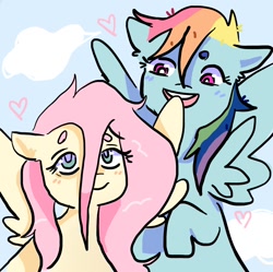 Size: 1204x1200 | Tagged: safe, artist:coc0pepper, derpibooru import, fluttershy, rainbow dash, pegasus, pony, g4, duo, female, flutterdash, heart, lesbian, looking at you, mare, open mouth, open smile, shipping, smiling