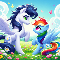 Size: 1024x1024 | Tagged: safe, ai content, derpibooru import, generator:bing image creator, machine learning generated, rainbow dash, soarin', butterfly, g4, cloud, cloudy, female, flower, looking at each other, looking at someone, male, prompter:*rainbow dash*, raised hoof, raised leg, shipping, soarindash, spread wings, straight, wings