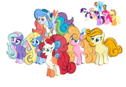 Size: 1280x889 | Tagged: safe, artist:charveedraws, derpibooru import, applejack, fluttershy, pinkie pie, rainbow dash, rarity, twilight sparkle, twilight sparkle (alicorn), oc, oc:glitter glide, oc:golden delicious, oc:rainbow swirl, oc:strawberry surprise, oc:summer shores, alicorn, earth pony, pegasus, pony, unicorn, bow, coat markings, colored wings, female, hair bow, magical lesbian spawn, mane six, mare, multicolored wings, next generation, offspring, parent:applejack, parent:cheese sandwich, parent:fluttershy, parent:kerfuffle, parent:pinkie pie, parent:rainbow dash, parent:rainbow stars, parent:rarity, parent:sunburst, parent:sunny skies, parent:sunset shimmer, parent:sunshower, parents:appleburst, parents:cheesepie, parents:fluttershower, parents:rainbowskies, parents:rarifuffle, parents:sunsetstars, rainbow wings, simple background, white background, wings