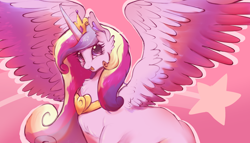 Size: 3078x1760 | Tagged: safe, artist:fealcity, derpibooru import, princess cadance, alicorn, pony, g4, cheek fluff, chest fluff, cute, cutedance, gradient background, high res, large wings, looking at you, open mouth, open smile, smiling, smiling at you, solo, spread wings, wings