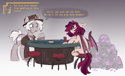 Size: 1182x721 | Tagged: safe, artist:crimmharmony, derpibooru import, oc, oc only, oc:crimm harmony, bat pony, earth pony, fallout equestria, ears back, fallout, folded legs, gambling, gradient background, meme, sitting, speech bubble