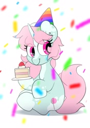Size: 1457x2064 | Tagged: safe, artist:mochi_nation, derpibooru import, oc, oc only, oc:scoops, pony, unicorn, birthday, cake, cake slice, confetti, cute, food, hat, party hat, solo
