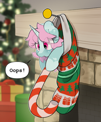 Size: 2243x2701 | Tagged: safe, artist:mochi_nation, derpibooru import, oc, oc only, oc:scoops, pony, unicorn, candy, candy cane, christmas, christmas stocking, christmas tree, cute, food, holiday, present, solo, tree