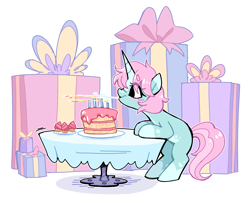 Size: 2599x2141 | Tagged: safe, artist:syrupyyy, derpibooru import, oc, oc only, oc:scoops, pony, unicorn, birthday, cake, candle, cute, female, food, horn, mare, present, simple background, solo, unicorn oc, white background