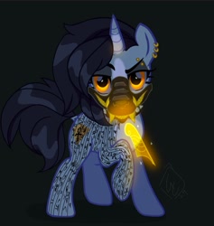 Size: 1539x1622 | Tagged: safe, artist:peech, derpibooru import, oc, oc:maat, oc:tansha, pony, unicorn, collar, cyberpunk, dark background, ear piercing, egyptian, egyptian pony, eyebrow piercing, female, glowing, hologram, mare, mask, piercing, science fiction, setting: neo somnambula, solo, spiked collar, suspicious, tattoo, variant