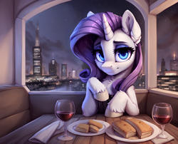 Size: 4128x3328 | Tagged: safe, ai content, derpibooru import, generator:easyfluff v11.2, generator:stable diffusion, machine learning generated, rarity, pony, unicorn, g4, alcohol, chest fluff, city, cityscape, female, food, glass, indoors, looking at you, mare, napkin, prompter:raif, solo, unshorn fetlocks, waifu, window, wine, wine glass