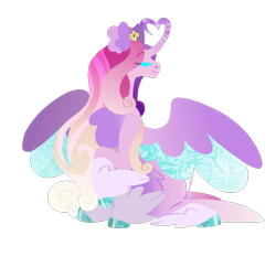 Size: 1122x1045 | Tagged: safe, artist:ikanahairitto, derpibooru import, princess cadance, alicorn, pony, g4, alternate design, colored wings, curved horn, eyes closed, feathered fetlocks, heart horn, heart shaped, horn, multicolored wings, simple background, sitting, solo, transparent background, wings