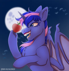 Size: 2099x2160 | Tagged: safe, artist:jjsh, derpibooru import, oc, oc only, alicorn, bat, bat pony, pony, apple, bat wings, blue eyes, evil, fangs, female, fluffy, food, grin, high res, holding, hoof hold, hooves, horn, looking at something, mare, moon, multicolored hair, multicolored mane, night, open mouth, sharp teeth, sky, smiling, solo, teeth, wings