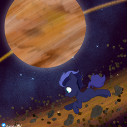 Size: 3000x3000 | Tagged: safe, artist:juniverse, derpibooru import, oc, oc:dreamsweet, earth pony, pony, colored, commission, facts, floating, foal, gas planet, planet, ring, rock, saturn, space, stars, surprised