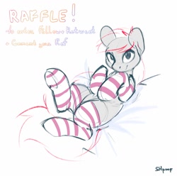 Size: 1280x1270 | Tagged: safe, artist:shpoof, derpibooru import, pony, clothes, commission, lying down, prone, raffle, smiling, socks, solo, stocking feet, striped socks, your character here