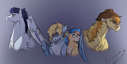 Size: 2610x1313 | Tagged: safe, artist:cinnamoncharm, derpibooru import, braeburn, soarin', oc, oc:cloud chaser, oc:color splash (cinnamoncharm), earth pony, pegasus, pony, brothers, bust, colt, divorce, family, foal, gay, hug, magical gay spawn, male, offspring, parent:braeburn, parent:soarin', parents:soarburn, sad, ship:soarburn, shipping, siblings, stallion, story included, winghug, wings