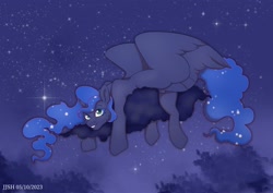 Size: 2560x1810 | Tagged: safe, artist:jjsh, derpibooru import, princess luna, alicorn, pony, g4, blue eyes, blue mane, cloud, cute, female, fog, high res, horn, looking at you, lying down, lying on a cloud, mare, night, on a cloud, sky, smiling, smiling at you, solo, spread wings, stars, tail, teeth, tree, wings