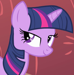 Size: 916x926 | Tagged: safe, derpibooru import, screencap, twilight sparkle, unicorn twilight, pony, unicorn, g4, owl's well that ends well, season 1, cropped, female, golden oaks library, indoors, lidded eyes, mare, smiling, solo