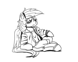 Size: 1000x797 | Tagged: safe, artist:mrs1989, derpibooru import, rainbow dash, pegasus, pony, g4, bracelet, clothes, cool, denim, ear piercing, female, jacket, jeans, jewelry, mare, monochrome, pants, piercing, reclining, simple background, sketch, solo, sunglasses, white background