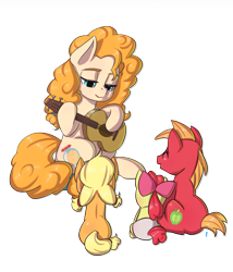 Size: 2416x2817 | Tagged: safe, artist:mrs1989, derpibooru import, apple bloom, applejack, big macintosh, pear butter, earth pony, pony, g4, adorabloom, apple family, applebetes, baby, baby apple bloom, bow, colt, colt big macintosh, cute, diaper, female, filly, filly applejack, foal, guitar, hair bow, jackabetes, macabetes, male, mare, musical instrument, pigtails, ponybetes, simple background, smiling, transparent background, twintails, younger