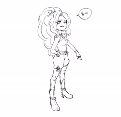 Size: 2424x2339 | Tagged: safe, artist:mrs1989, derpibooru import, adagio dazzle, equestria girls, g4, boots, clothes, dialogue, female, full body, gem, high heel boots, korean, looking at you, monochrome, pointing down, shoes, simple background, siren gem, sketch, smiling, smirk, speech bubble, talking to viewer, white background