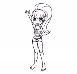 Size: 2424x2339 | Tagged: safe, artist:mrs1989, derpibooru import, sonata dusk, equestria girls, g4, barefoot, clothes, feet, female, hand on hip, looking at you, monochrome, shorts, simple background, sketch, smiling, smiling at you, solo, tanktop, waving, waving at you, white background