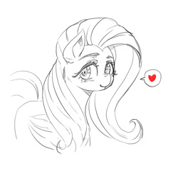 Size: 1000x965 | Tagged: safe, artist:mrs1989, derpibooru import, fluttershy, pegasus, pony, g4, female, heart, looking at you, mare, monochrome, simple background, sketch, smiling, smiling at you, speech bubble, white background