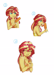 Size: 2480x3508 | Tagged: safe, artist:mrs1989, derpibooru import, sunset shimmer, equestria girls, g4, bare shoulders, blushing, bust, clothes, corn, corndog, eating, female, food, ketchup, mustard, sauce, sausage, simple background, sleeveless, smiling, solo, tanktop, white background