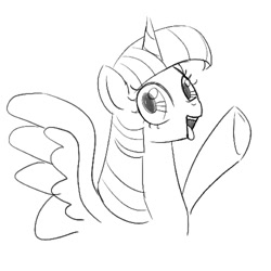 Size: 500x500 | Tagged: safe, artist:mrs1989, derpibooru import, twilight sparkle, twilight sparkle (alicorn), alicorn, pony, g4, bust, female, looking at you, mare, monochrome, open mouth, open smile, simple background, sketch, smiling, solo, waving, waving at you, white background