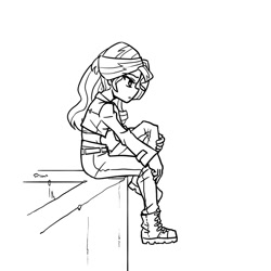 Size: 800x800 | Tagged: safe, artist:mrs1989, derpibooru import, sunset shimmer, equestria girls, g4, boots, clothes, female, monochrome, shoes, simple background, sitting, sketch, solo, white background