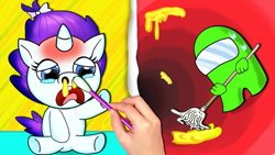 Size: 1280x720 | Tagged: safe, derpibooru import, rarity, human, pony, unicorn, g4, abomination, among us, baby, baby pony, cotton swab, cursed image, elsagate, female, foal, mare, mop, snot, video game, wat, youtube thumbnail