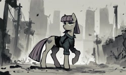 Size: 1597x958 | Tagged: safe, ai content, derpibooru import, generator:pony diffusion v6 xl, generator:stable diffusion, machine learning generated, maud pie, earth pony, pony, g4, city, dark background, female, female focus, prompter:yuduz367, ruins, sketch, solo, solo focus