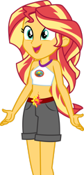 Size: 1280x2648 | Tagged: safe, alternate version, artist:cloudy glow, derpibooru import, edit, sunset shimmer, human, equestria girls, g4, legend of everfree, .ai available, bare shoulders, belly button, camp everfree outfits, clothes, cute, denim, denim shorts, embrace the magic, female, happy, legs, long hair, midriff, open mouth, shimmerbetes, shorts, shoulderless, simple background, sleeveless, smiling, solo, standing, teenager, transparent background, turquoise eyes, two toned hair, vector, vector edit, yellow skin