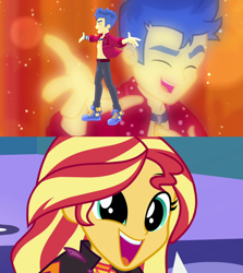 Size: 1280x1438 | Tagged: safe, derpibooru import, edit, edited screencap, screencap, flash sentry, sunset shimmer, human, better together, cheer you on, equestria girls, wake up!: pinkie pie, clothes, excited, female, flashimmer, male, open clothes, open shirt, shipping, shirt, straight
