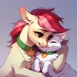 Size: 1024x1024 | Tagged: safe, ai content, derpibooru import, generator:purplesmart.ai, generator:stable diffusion, machine learning generated, roseluck, cat, pony, collar, cute, duo, fluffy, hug, pet tag, pony pet, prompter:doom9454, rosepet