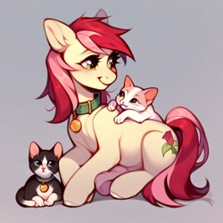 Size: 1024x1024 | Tagged: safe, ai content, derpibooru import, generator:purplesmart.ai, generator:stable diffusion, machine learning generated, roseluck, cat, pony, collar, cute, lying down, pet tag, pony pet, prompter:doom9454, rosepet