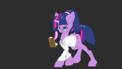 Size: 3840x2160 | Tagged: safe, artist:coreboot, derpibooru import, twilight sparkle, unicorn twilight, unicorn, clothes, ear fluff, ears, glasses, gray background, lab coat, notepad, ponytail, quill, simple background, solo, tablet