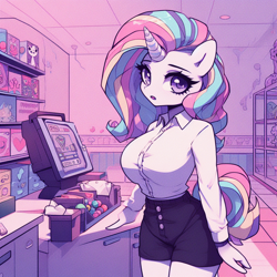 Size: 1024x1024 | Tagged: safe, ai content, derpibooru import, machine learning generated, part of a series, part of a set, oc, oc only, anthro, unicorn, adorasexy, big breasts, breasts, busty oc, cash register, clothes, cute, female, horn, human to anthro, implied transformation, implied transgender transformation, looking at you, not rarity, open mouth, panty line, prompter:horselover fat, sexy, shorts, solo, species swap, store, story in the comments, story included, transformation, unicorn oc, white shirt