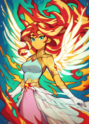 Size: 3840x5376 | Tagged: safe, ai content, derpibooru import, editor:sammykun, generator:purplesmart.ai, generator:stable diffusion, machine learning generated, sunset shimmer, human, equestria girls, absurd resolution, breasts, clothes, cutie mark, daydream shimmer, dress, eyebrows, fiery mane, fiery wings, fire, frown, gloves, gold, humanized, long hair, looking at you, prompter:sammykun, reasonably sized breasts, request, requested art, serious, serious face, sleeveless, sunset jiggler, sweater, turtleneck, wings