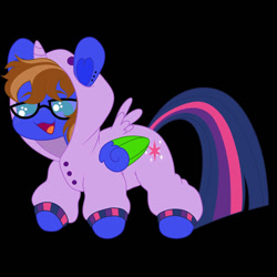 Size: 894x894 | Tagged: safe, artist:vvolfbreath, derpibooru import, twilight sparkle, twilight sparkle (alicorn), oc, oc:bluebook, alicorn, pegasus, black background, blue eyes, brown mane, chibi, colored wings, commission, ear piercing, earring, female, glasses, jewelry, mare, onesie, open mouth, pegasus oc, piercing, simple background, two toned mane, wings, ych result