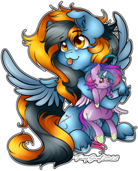 Size: 3066x3816 | Tagged: safe, artist:tawnysweet, derpibooru import, oc, oc only, oc:dazzling talents, oc:skittle, alicorn, pegasus, pony, ears, floppy ears, hug, plushie, simple background, solo, transparent background