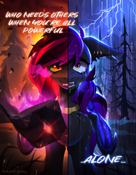 Size: 2500x3203 | Tagged: safe, artist:redchetgreen, derpibooru import, oc, oc only, pony, book, forest, lightning, nature, rain, solo, sombra eyes, tree