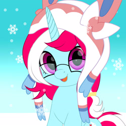 Size: 2048x2048 | Tagged: safe, artist:naoto yazarän, derpibooru import, oc, oc only, oc:sugar lace, pony, unicorn, cap, glasses, gradient background, hat, pokémon, snow, snowfall, solo, sylvie