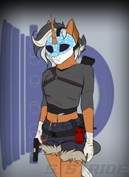 Size: 2873x3953 | Tagged: safe, artist:shade stride, derpibooru import, oc, oc:arc stellite, anthro, unicorn, bulletproof vest, clothes, female, gloves, grenade, gun, horn, mask, shirt, shorts, solo, standing, straps, tools, watermark, weapon