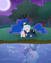 Size: 4800x6000 | Tagged: safe, artist:couratiel, derpibooru import, cozy glow, nightmare moon, princess luna, alicorn, pegasus, pony, absurd resolution, alicornified, cozycorn, eyes closed, forgiveness, giant demon alicorn cozy glow, hug, lying down, moon, prone, race swap, reflection