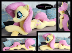 Size: 1280x952 | Tagged: safe, artist:purplenebulastudios, derpibooru import, fluttershy, pegasus, pony, butt, irl, lying down, photo, plot, plushie, prone, smiling, solo, sploot