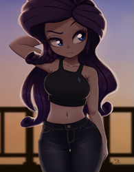 Size: 781x1000 | Tagged: safe, artist:the-park, derpibooru import, rarity, human, equestria girls, g4, arm behind head, bare shoulders, belly button, breasts, clothes, denim, female, jeans, looking around, midriff, pants, raritits, sleeveless, solo, sunset, tanktop, wide hips
