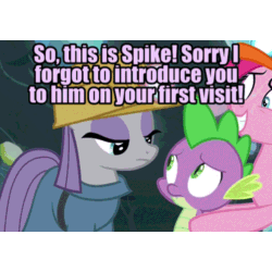 Size: 844x844 | Tagged: safe, edit, edited screencap, editor:undeadponysoldier, screencap, pinkie pie, spike, rock solid friendship, animated, cave, colored text, dialogue, discovery family logo, episode reference, female, gems, helmet, introduction, mare, mining helmet