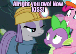 Size: 610x432 | Tagged: safe, edit, edited screencap, editor:undeadponysoldier, screencap, maud pie, pinkie pie, spike, dragon, earth pony, pony, rock solid friendship, cave, clothes, female, gem, gem cave, implied kissing, light, male, mare, maudspike, mining helmet, nervous, shipper on deck, shipping, straight