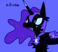 Size: 2048x1822 | Tagged: safe, artist:ponyenjoer, derpibooru import, nightmare moon, alicorn, pony, g4, blue background, bust, fangs, jewelry, open mouth, regalia, simple background, solo, text