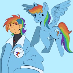 Size: 2048x2048 | Tagged: safe, artist:st4rshin3s, derpibooru import, rainbow dash, human, g4, blue background, cyan background, humanized, simple background, solo