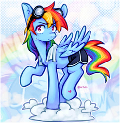 Size: 1881x1924 | Tagged: safe, artist:hecctwo, derpibooru import, rainbow dash, pegasus, pony, g4, clothes, cloud, goggles, shorts, solo, sweat, sweatdrop, towel, zoom layer